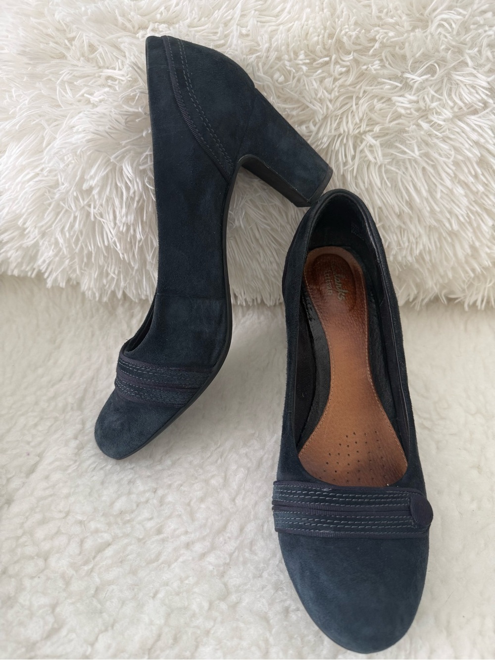 Clarks Navy Suede Block Heel Pumps